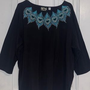Bob Mackie Wearable Art 2X black embroidered feathers top